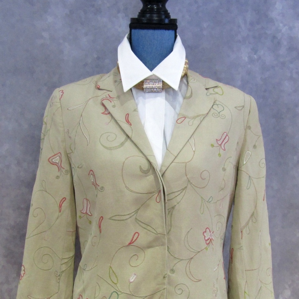Vintage Silk & Linen Long Blazer Embroidered Sz 8 - Picture 2 of 6